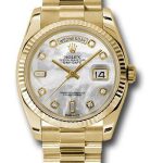 Rolex Yellow Gold Day-Date 36 Watch – Fluted Bezel – Mother-Of-Pearl Diamond Dial – President Bracelet – 118238