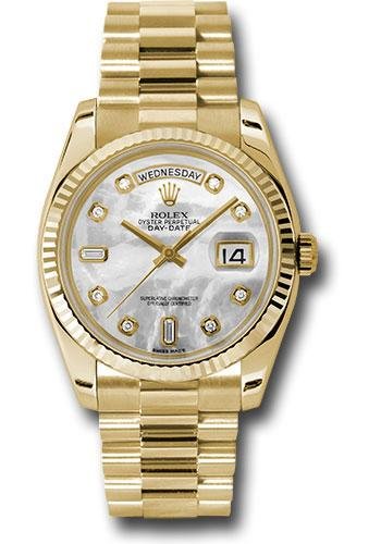 Rolex Yellow Gold Day-Date 36 Watch – Fluted Bezel – Mother-Of-Pearl Diamond Dial – President Bracelet – 118238