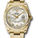 Rolex Yellow Gold Day-Date 36 Watch – Fluted Bezel – Mother-Of-Pearl Roman Dial – Oyster Bracelet – 118238