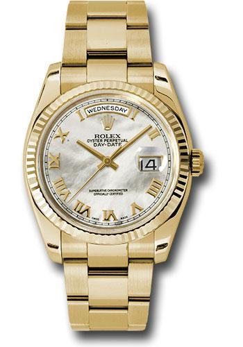 Rolex Yellow Gold Day-Date 36 Watch – Fluted Bezel – Mother-Of-Pearl Roman Dial – Oyster Bracelet – 118238