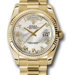 Rolex Yellow Gold Day-Date 36 Watch – Fluted Bezel – Mother-Of-Pearl Roman Dial – President Bracelet – 118238