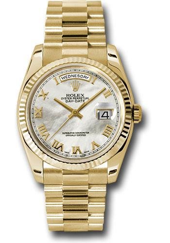 Rolex Yellow Gold Day-Date 36 Watch – Fluted Bezel – Mother-Of-Pearl Roman Dial – President Bracelet – 118238