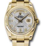 Rolex Yellow Gold Day-Date 36 Watch – Fluted Bezel – Meteorite Diamond Dial – Oyster Bracelet – 118238