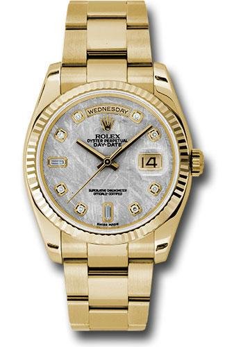 Rolex Yellow Gold Day-Date 36 Watch – Fluted Bezel – Meteorite Diamond Dial – Oyster Bracelet – 118238