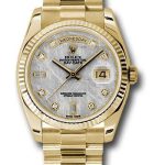 Rolex Yellow Gold Day-Date 36 Watch – Fluted Bezel – Meteorite Diamond Dial – President Bracelet – 118238