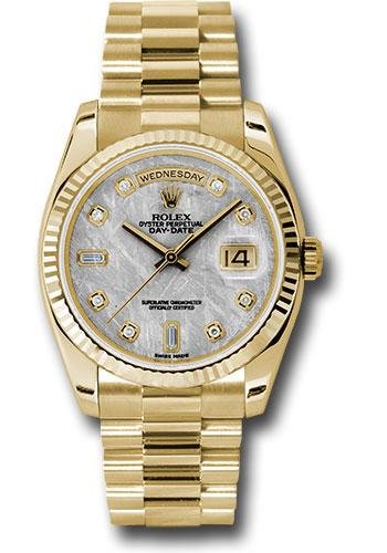 Rolex Yellow Gold Day-Date 36 Watch – Fluted Bezel – Meteorite Diamond Dial – President Bracelet – 118238