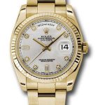 Rolex Yellow Gold Day-Date 36 Watch – Fluted Bezel – Silver Diamond Dial – Oyster Bracelet – 118238
