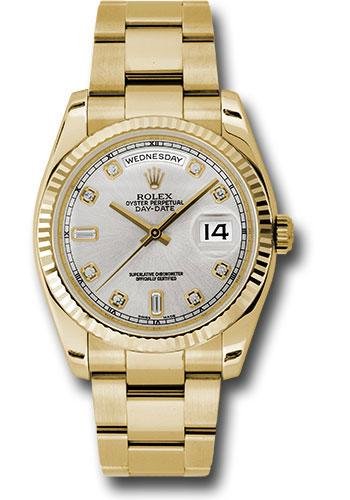 Rolex Yellow Gold Day-Date 36 Watch – Fluted Bezel – Silver Diamond Dial – Oyster Bracelet – 118238