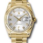 Rolex Yellow Gold Day-Date 36 Watch – Fluted Bezel – Silver Diamond Dial – President Bracelet – 118238