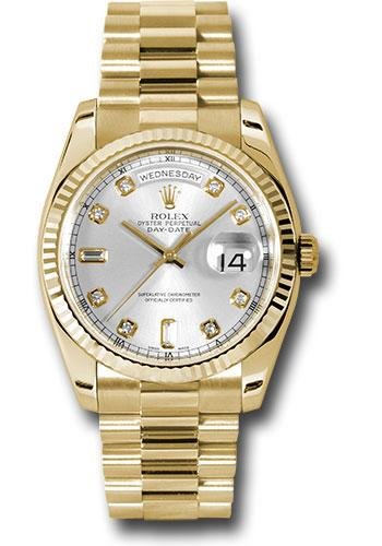 Rolex Yellow Gold Day-Date 36 Watch – Fluted Bezel – Silver Diamond Dial – President Bracelet – 118238