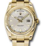 Rolex Yellow Gold Day-Date 36 Watch – Fluted Bezel – Silver Index Dial – Oyster Bracelet – 118238