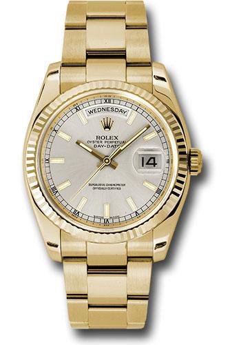 Rolex Yellow Gold Day-Date 36 Watch – Fluted Bezel – Silver Index Dial – Oyster Bracelet – 118238
