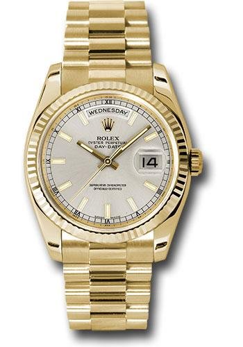 Rolex Yellow Gold Day-Date 36 Watch – Fluted Bezel – Silver Index Dial – President Bracelet – 118238