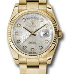 Rolex Yellow Gold Day-Date 36 Watch – Fluted Bezel – Silver Jubilee Diamond Dial – Oyster Bracelet – 118238