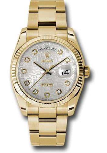 Rolex Yellow Gold Day-Date 36 Watch – Fluted Bezel – Silver Jubilee Diamond Dial – Oyster Bracelet – 118238