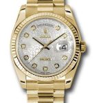 Rolex Yellow Gold Day-Date 36 Watch – Fluted Bezel – Silver Jubilee Diamond Dial – President Bracelet – 118238
