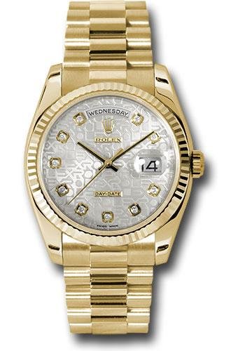 Rolex Yellow Gold Day-Date 36 Watch – Fluted Bezel – Silver Jubilee Diamond Dial – President Bracelet – 118238