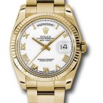 Rolex Yellow Gold Day-Date 36 Watch – Fluted Bezel – White Roman Dial – Oyster Bracelet – 118238
