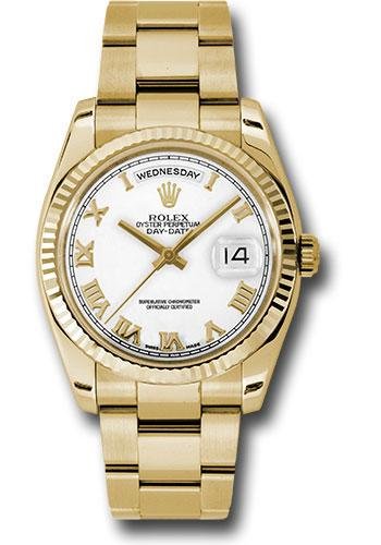Rolex Yellow Gold Day-Date 36 Watch – Fluted Bezel – White Roman Dial – Oyster Bracelet – 118238