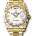 Rolex Yellow Gold Day-Date 36 Watch – Fluted Bezel – White Roman Dial – President Bracelet – 118238