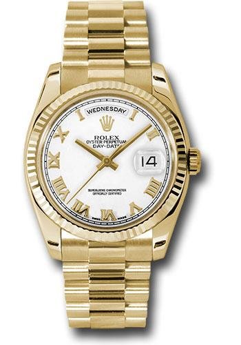 Rolex Yellow Gold Day-Date 36 Watch – Fluted Bezel – White Roman Dial – President Bracelet – 118238