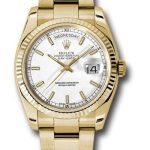 Rolex Yellow Gold Day-Date 36 Watch – Fluted Bezel – White Index Dial – Oyster Bracelet – 118238