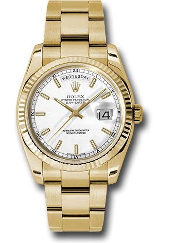 Rolex Yellow Gold Day-Date 36 Watch – Fluted Bezel – White Index Dial – Oyster Bracelet – 118238