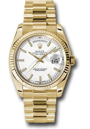 Rolex Yellow Gold Day-Date 36 Watch – Fluted Bezel – White Index Dial – President Bracelet – 118238