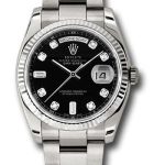 Rolex White Gold Day-Date 36 Watch – Fluted Bezel – Black Diamond Dial – Oyster Bracelet – 118239
