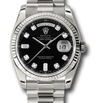 Rolex White Gold Day-Date 36 Watch – Fluted Bezel – Black Diamond Dial – President Bracelet – 118239