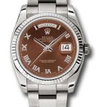Rolex White Gold Day-Date 36 Watch – Fluted Bezel – Havana Brown Roman Dial – Oyster Bracelet – 118239