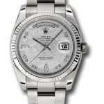Rolex White Gold Day-Date 36 Watch – Fluted Bezel – Meteorite Diamond Dial – Oyster Bracelet – 118239 mtado