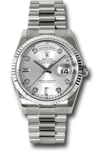 Rolex White Gold Day-Date 36 Watch – Fluted Bezel – Silver Diamond Dial – President Bracelet – 118239