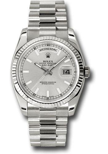 Rolex White Gold Day-Date 36 Watch – Fluted Bezel – Silver Index Dial – President Bracelet – 118239
