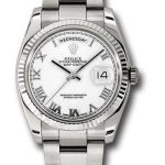 Rolex White Gold Day-Date 36 Watch – Fluted Bezel – White Roman Dial – Oyster Bracelet – 118239