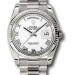 Rolex White Gold Day-Date 36 Watch – Fluted Bezel – White Roman Dial – President Bracelet – 118239