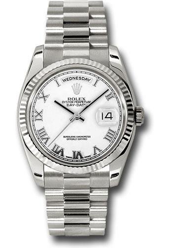 Rolex White Gold Day-Date 36 Watch – Fluted Bezel – White Roman Dial – President Bracelet – 118239