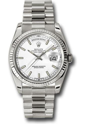 Rolex White Gold Day-Date 36 Watch – Fluted Bezel – White Index Dial – President Bracelet – 118239