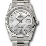 Rolex White Gold Day-Date 36 Watch – Fluted Bezel – Mother-Of-Pearl Diamond Dial – President Bracelet – 118339