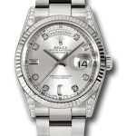 Rolex White Gold Day-Date 36 Watch – Fluted Bezel – Silver Diamond Dial – Oyster Bracelet – 118339