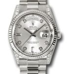 Rolex White Gold Day-Date 36 Watch – Fluted Bezel – Silver Diamond Dial – President Bracelet – 118339