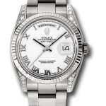 Rolex White Gold Day-Date 36 Watch – Fluted Bezel – White Roman Dial – Oyster Bracelet – 118339