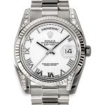 Rolex White Gold Day-Date 36 Watch – Fluted Bezel – White Roman Dial – President Bracelet – 118339