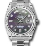 Rolex Platinum Day-Date 36 Watch – Bezel – Dark Mother-Of-Pearl Diamond Dial – President Bracelet – 118346 dkmdp