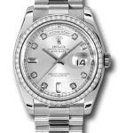 Rolex Platinum Day-Date 36 Watch – Bezel – Silver Diamond Dial – President Bracelet – 118346
