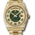 Rolex Yellow Gold Day-Date 36 Watch – Bezel – Pave Edge Green Dial – President Bracelet – 118348