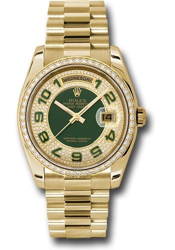 Rolex Yellow Gold Day-Date 36 Watch – Bezel – Pave Edge Green Dial – President Bracelet – 118348