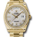 Rolex Yellow Gold Day-Date 36 Watch – Bezel – Silver Diamond Dial – President Bracelet – 118348