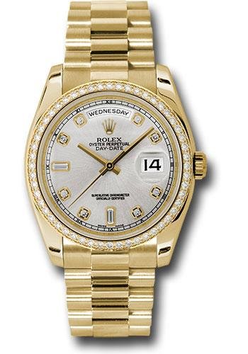 Rolex Yellow Gold Day-Date 36 Watch – Bezel – Silver Diamond Dial – President Bracelet – 118348
