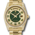 Rolex Yellow Gold Day-Date 36 Watch – Bezel – Pave Edge Green Dial – President Bracelet – 118388